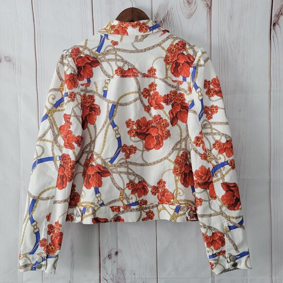 Boston Proper White Floral Cotton Stretch Jean Jacket Women’s L Vibrant Western - Picture 2 of 6